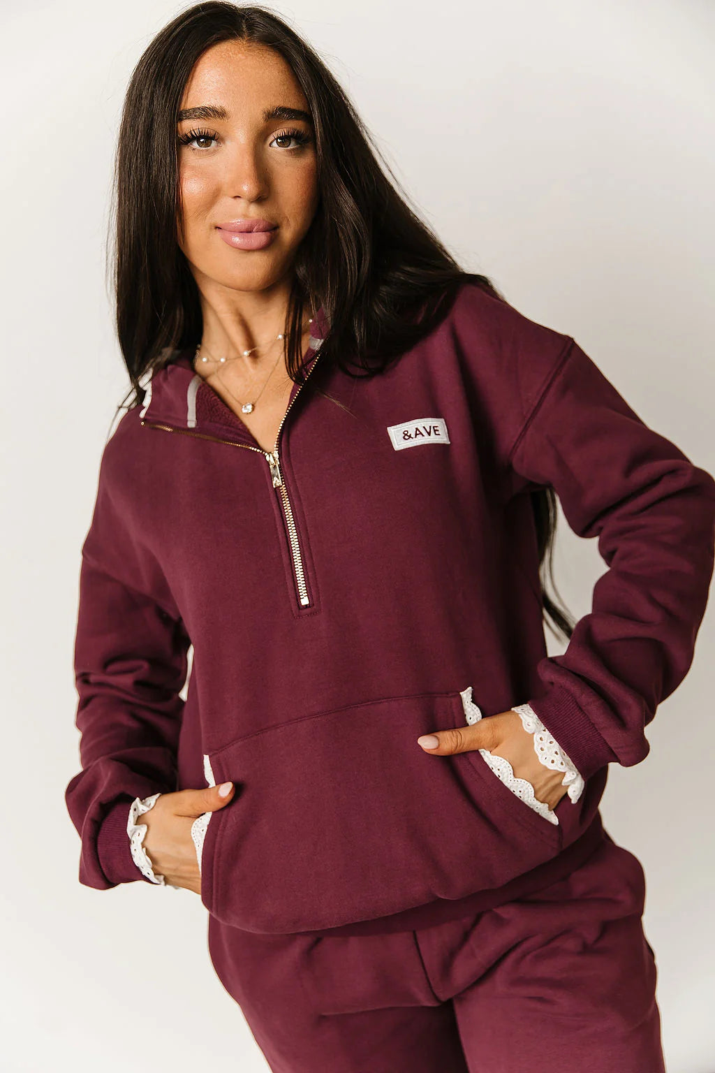 & Ave- Comfort Zone Halfzip- Maroon Lace