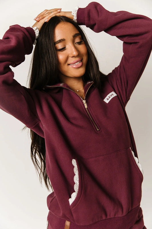 & Ave- Comfort Zone Halfzip- Maroon Lace