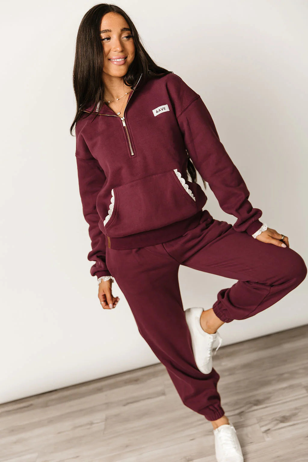 & Ave- Comfort Zone Halfzip- Maroon Lace