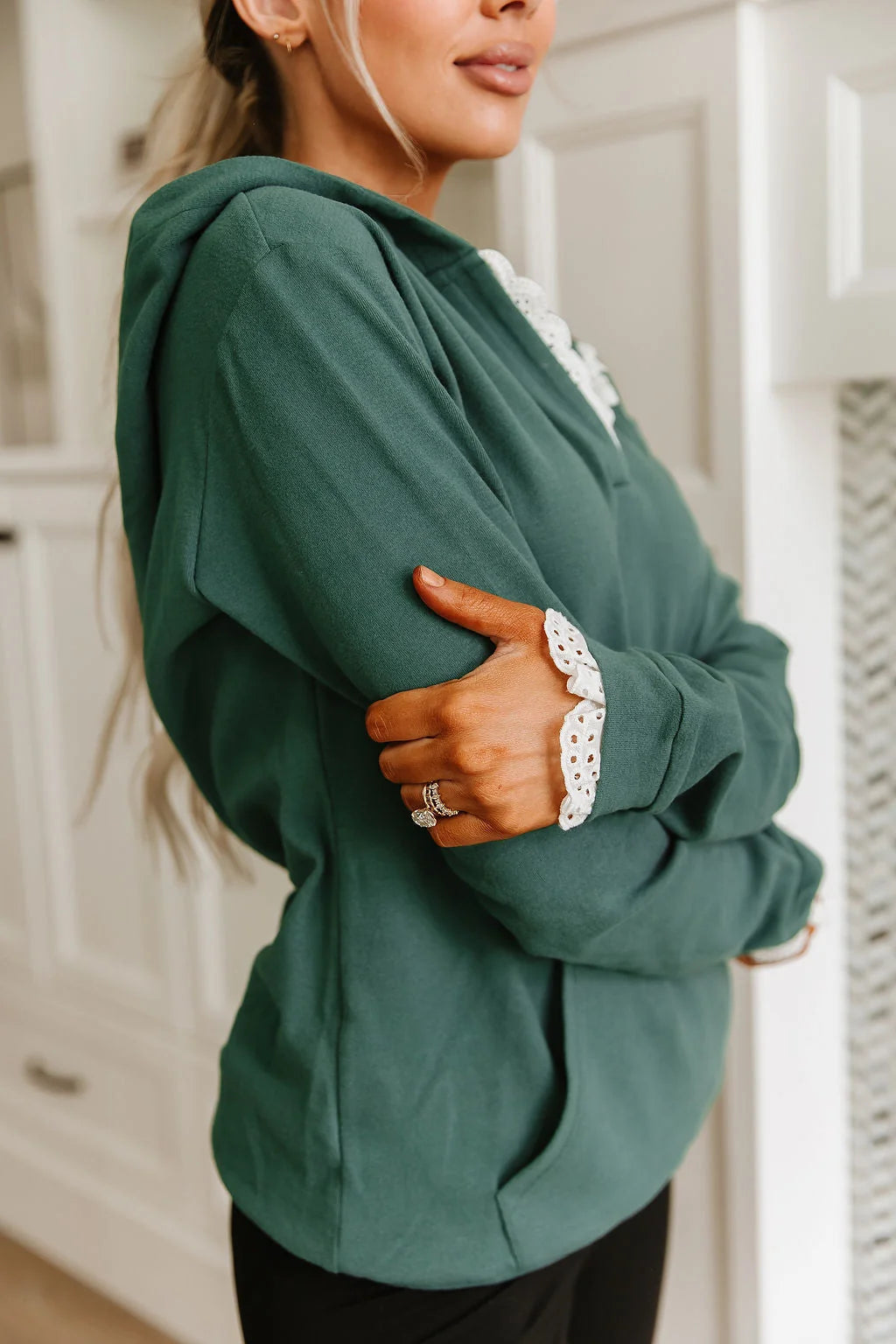 & Ave- Henley Hoody- Evergreen