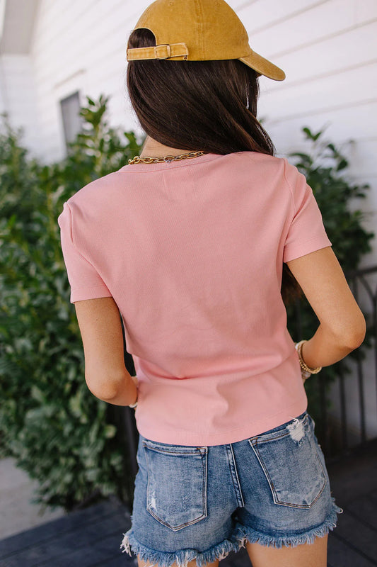 & Ave- Button Front Lulu Tee- Pink Lemonade