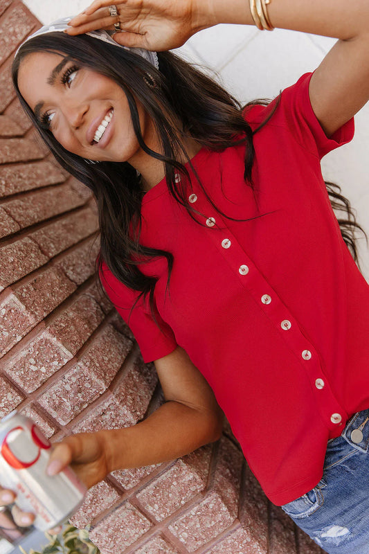 & Ave- Button Front Lulu Tee- Cherry Red