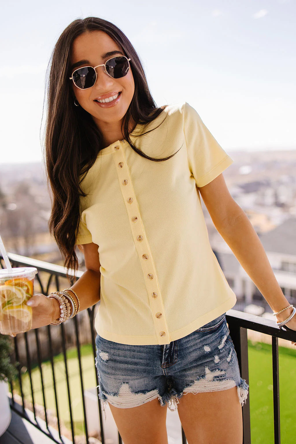 & Ave- Button Front Lulu Tee- Banana