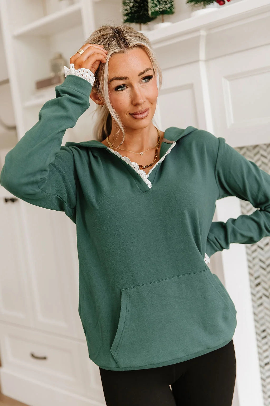 & Ave- Henley Hoody- Evergreen
