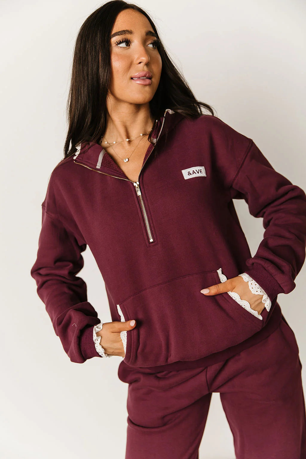 & Ave- Comfort Zone Halfzip- Maroon Lace