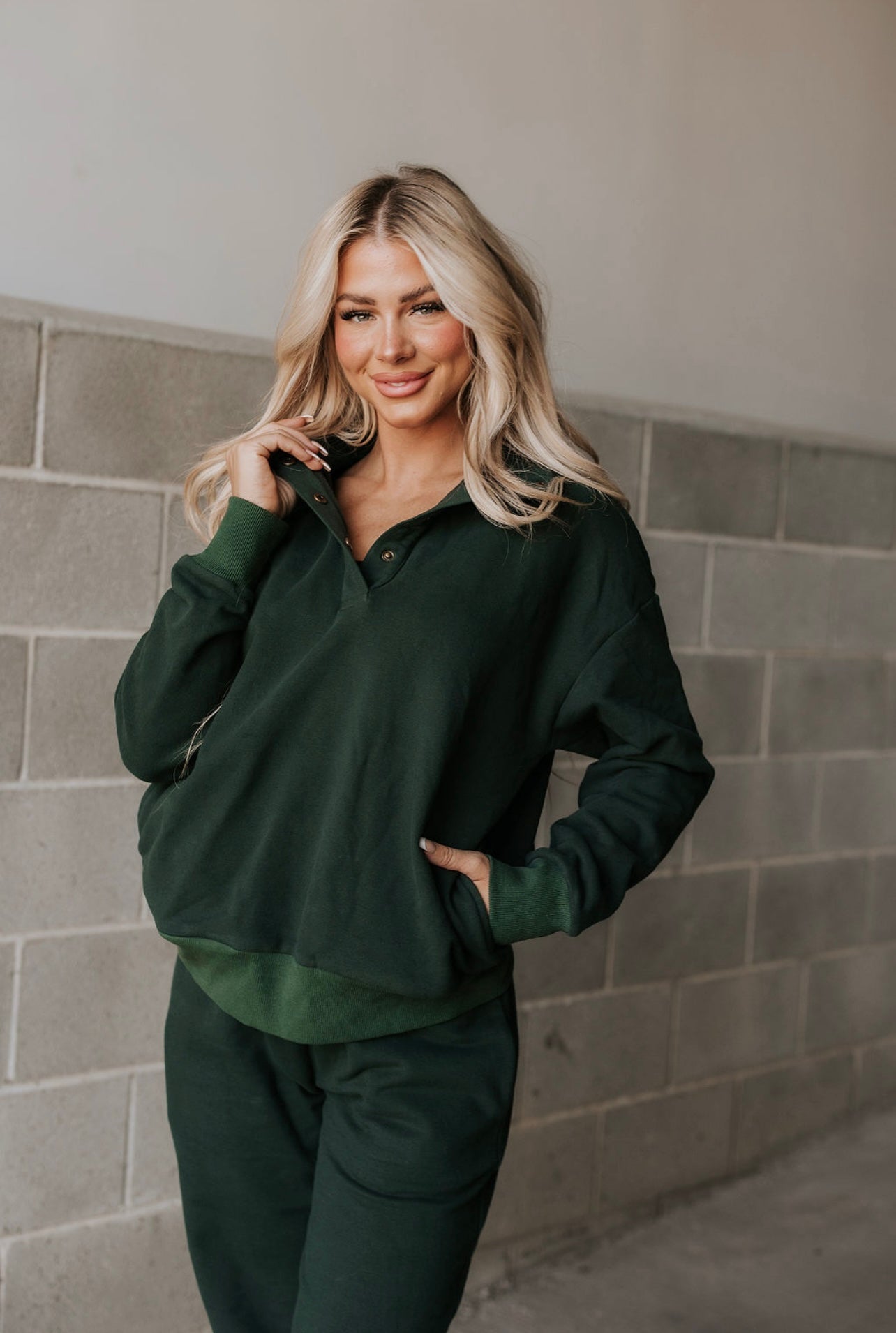 & Ave- Never Better Button Top- Forest Green