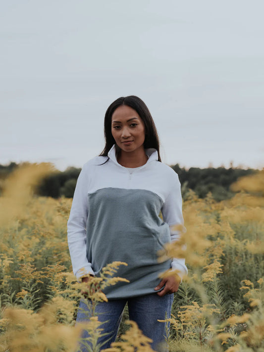 Blondie Apparel- Classic Mountain Sweater- Trooper & White-S & M left