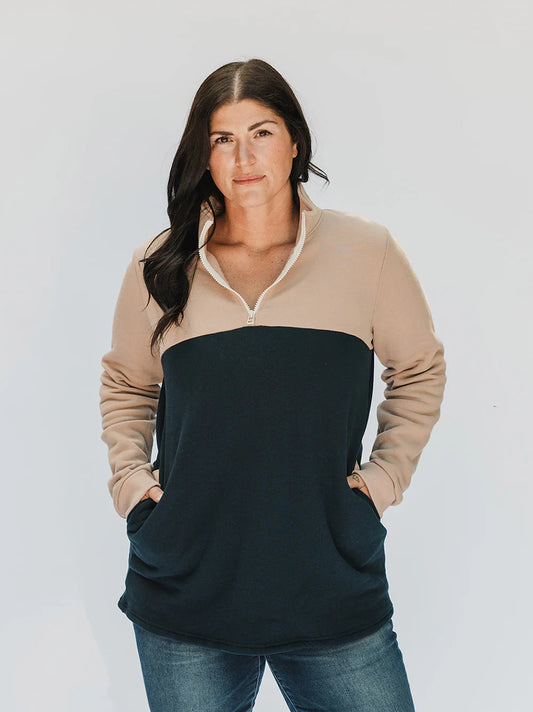 Blondie Apparel- Classic Mountain Sweater- Stucco & Navy-S & L left