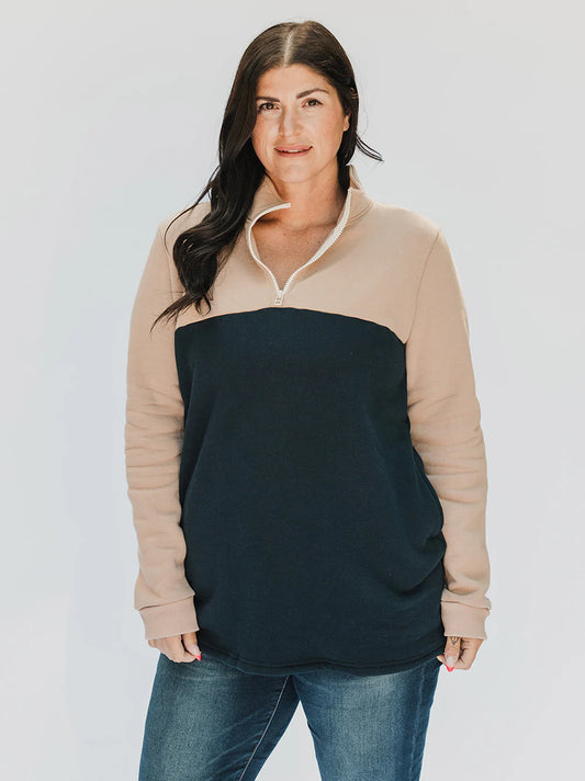 Blondie Apparel- Classic Mountain Sweater- Stucco & Navy-S & L left