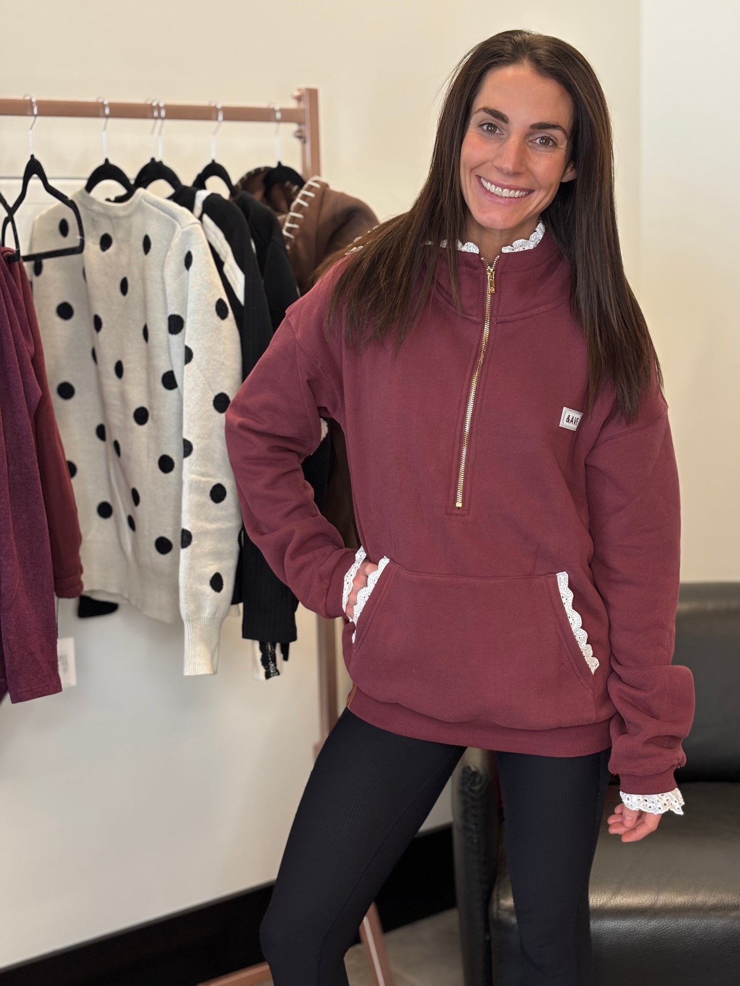 & Ave- Comfort Zone Halfzip- Maroon Lace